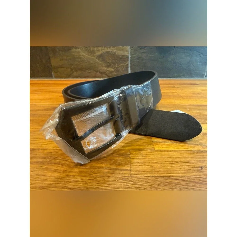 Men's Black Leather Dress Belt with Black Buckle (021)